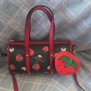 Juicy Couture Black and Red Strawberry Barrel Mini Bag with Coin Pouch